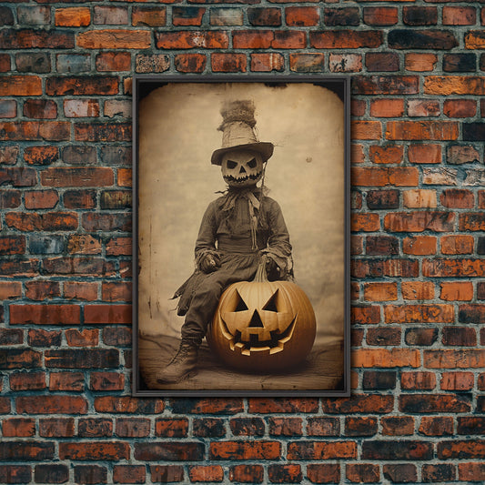 Spooky Halloween Art, The Scarecrow and the Jack O' Lantern, Framed Canvas Print, Halloween Canvas, Spooky Decor, Cottagecore Spooky Art
