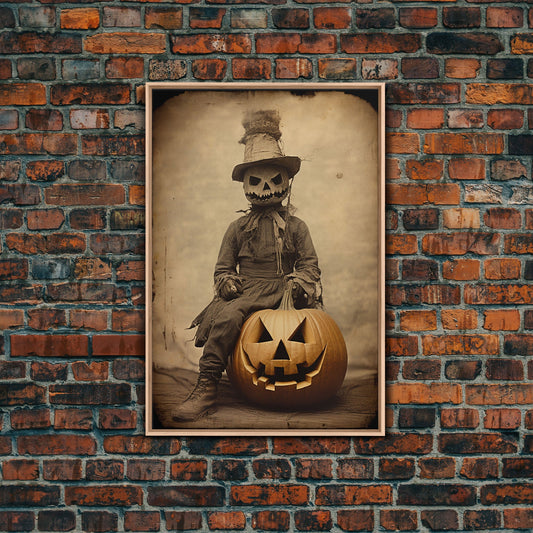 Spooky Halloween Art, The Scarecrow and the Jack O' Lantern, Framed Canvas Print, Halloween Canvas, Spooky Decor, Cottagecore Spooky Art