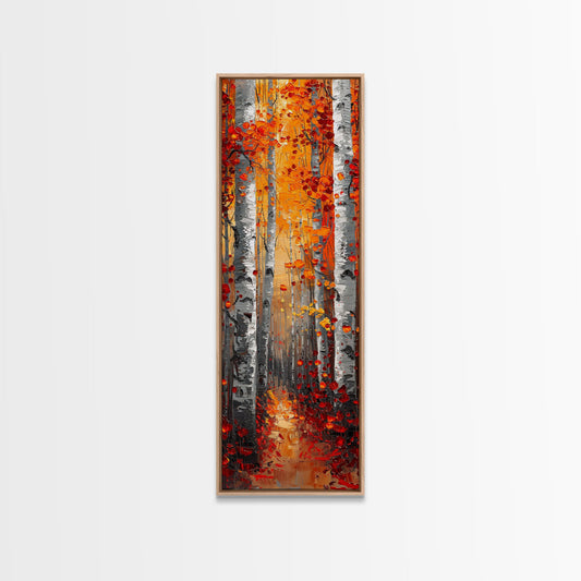 Fall Birch Tree Forest, Framed Canvas Print, Skinny / Tall Wall Art, Living Room Decor, Landscape Painting, Nature Decor