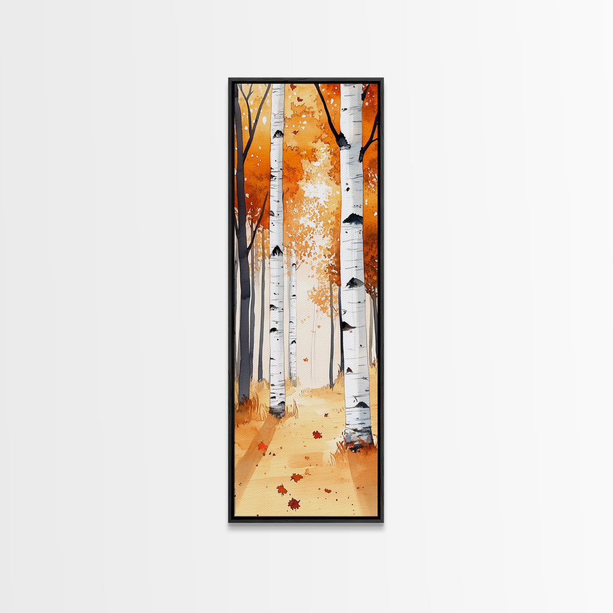 Autumn Birch Trees Framed Canvas Print – Rustic Decor, Tall Narrow Art, Cozy Fall Vibes, Birch Tree Art, Living Room Art, Above Bed Wall Art