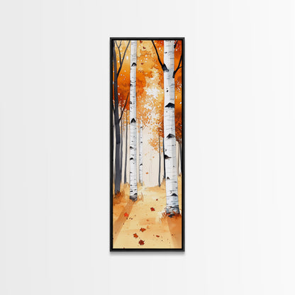 Autumn Birch Trees Framed Canvas Print – Rustic Decor, Tall Narrow Art, Cozy Fall Vibes, Birch Tree Art, Living Room Art, Above Bed Wall Art