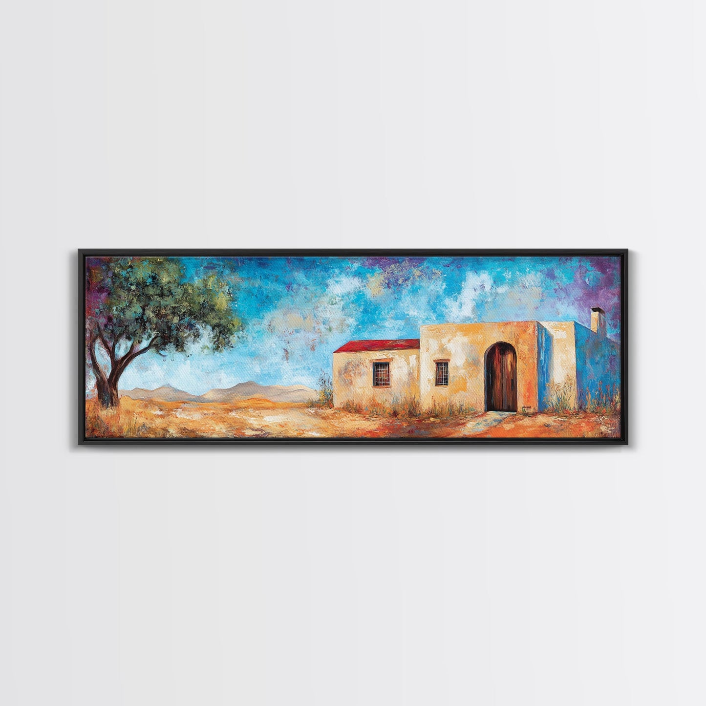 Southwest Desert House Painting, Rustic Western Wall Art, Blue Sky Adobe Home, Boho Minimalist Living Room Decor, Framed Canvas Print