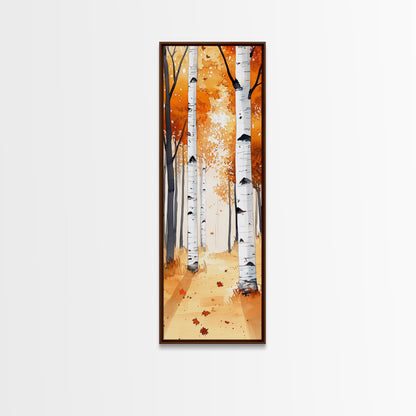 Autumn Birch Trees Framed Canvas Print – Rustic Decor, Tall Narrow Art, Cozy Fall Vibes, Birch Tree Art, Living Room Art, Above Bed Wall Art