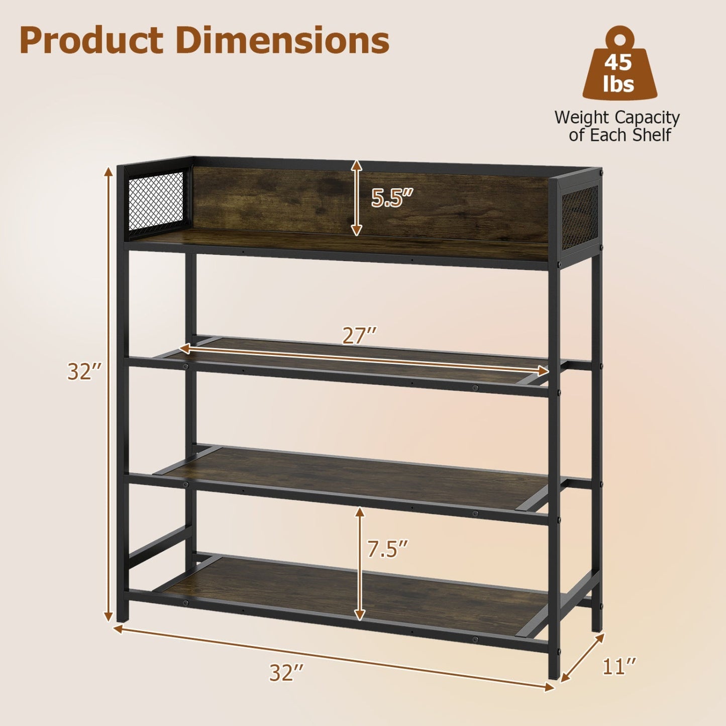 4-Tier Shoe Rack Industrial Shoe Organizer with Heavy Duty Metal Frame