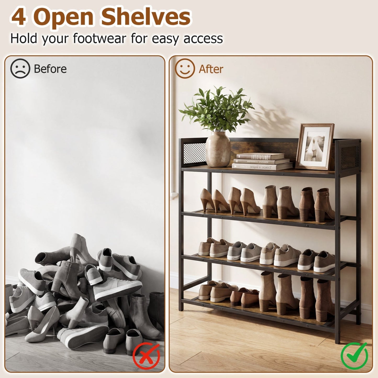 4-Tier Shoe Rack Industrial Shoe Organizer with Heavy Duty Metal Frame