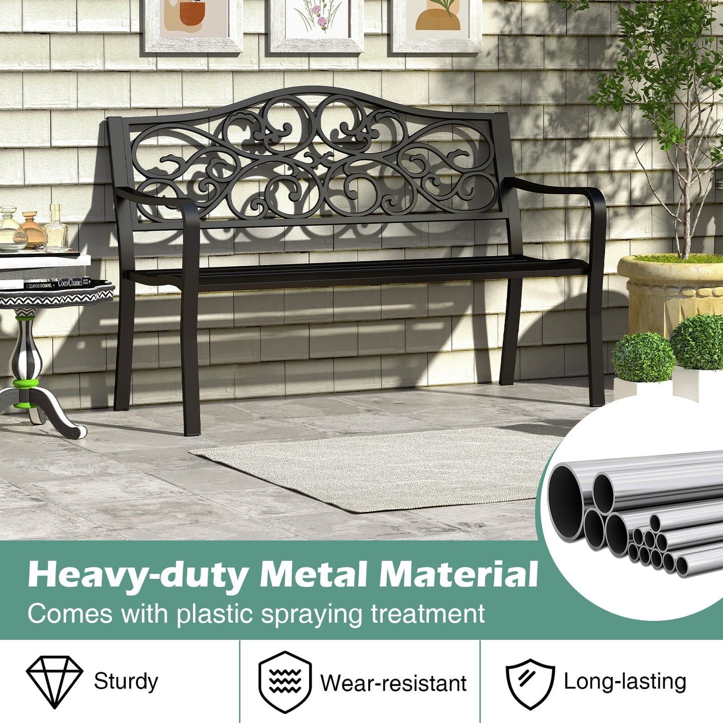 50 Inches Outdoor Cast Iron Metal Patio Bench with Floral Design Backrest and Slatted Seat-Black