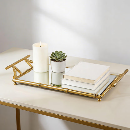 Gold Mirrored Decorative Tray, 20" Large Rectangular Aluminum Bamboo Frame
