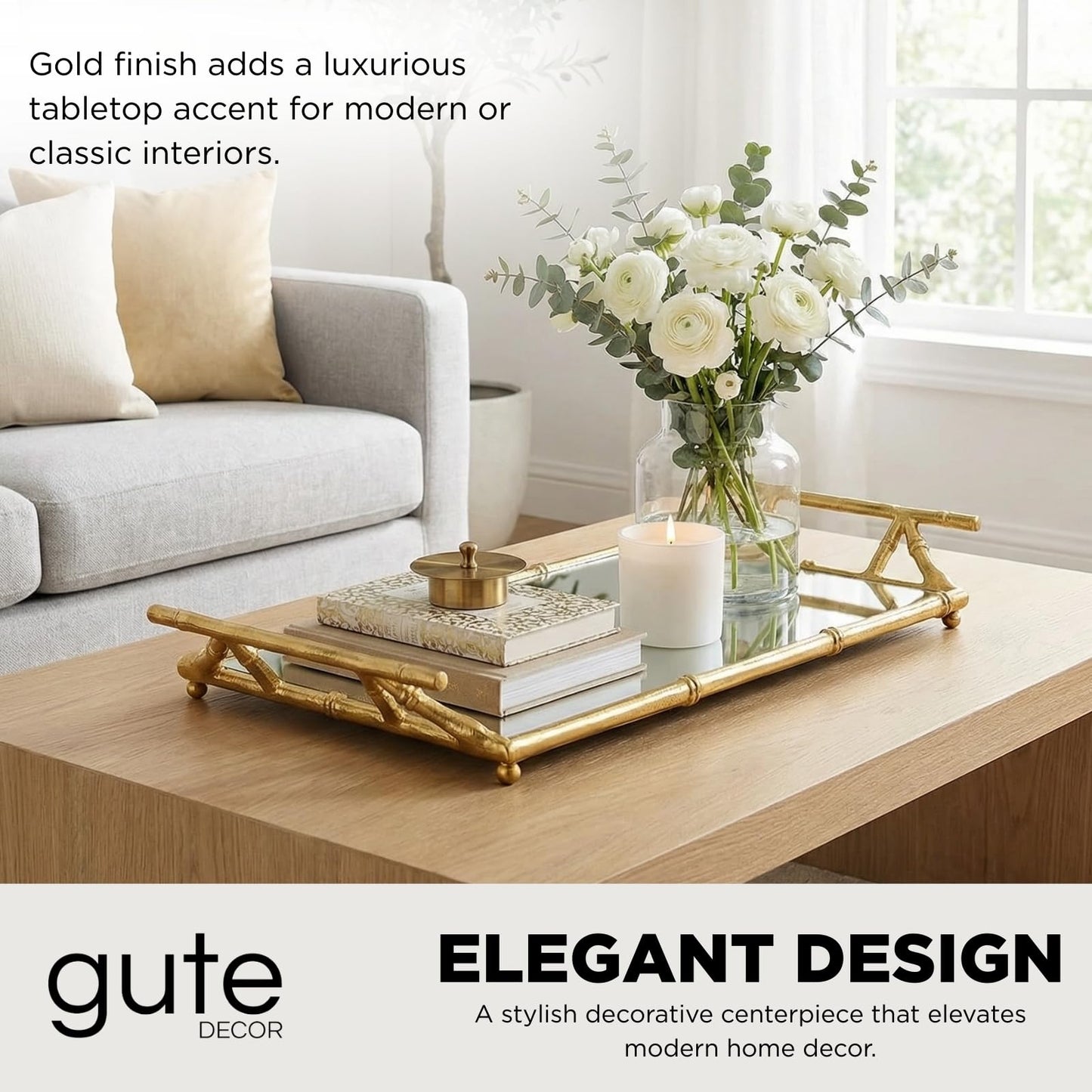 Gold Mirrored Decorative Tray, 20" Large Rectangular Aluminum Bamboo Frame