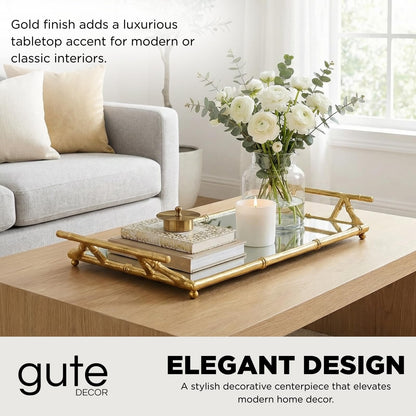 Gold Mirrored Decorative Tray, 20" Large Rectangular Aluminum Bamboo Frame