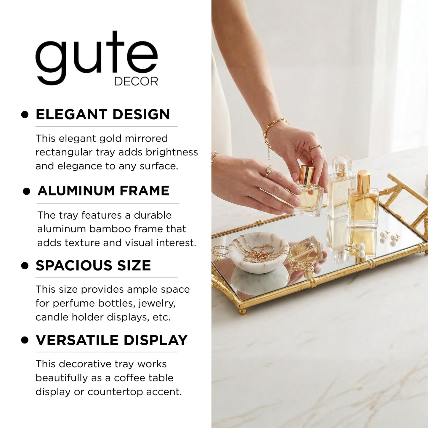 Gold Mirrored Decorative Tray, 20" Large Rectangular Aluminum Bamboo Frame