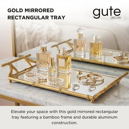 Gold Mirrored Decorative Tray, 20" Large Rectangular Aluminum Bamboo Frame