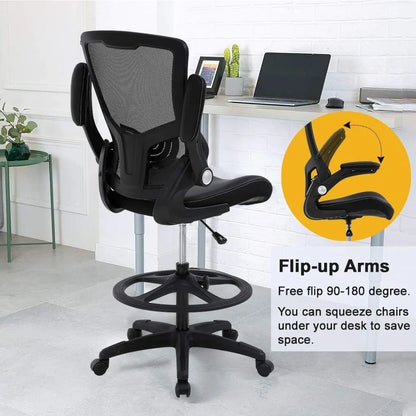 Drafting Chair Ergonomic Tall Office Chair Standing Desk Chair with Flip Up Arms Foot Rest Back Support Adjustable Height Mesh D