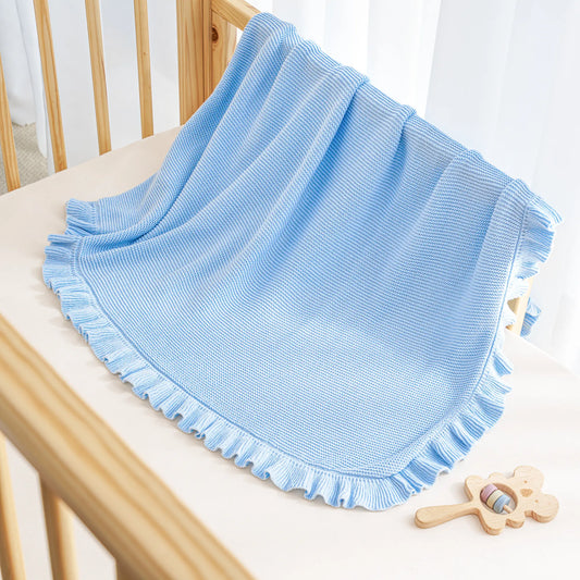 Ruffled Edge Knit Baby Blanket in Baby Blue