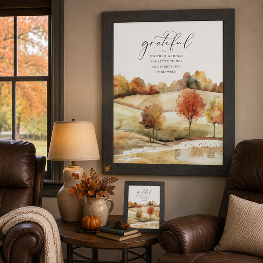 Grateful for the Big Things Wall Art – Watercolor Autumn Hills Fall Living Room Decor (NS361)