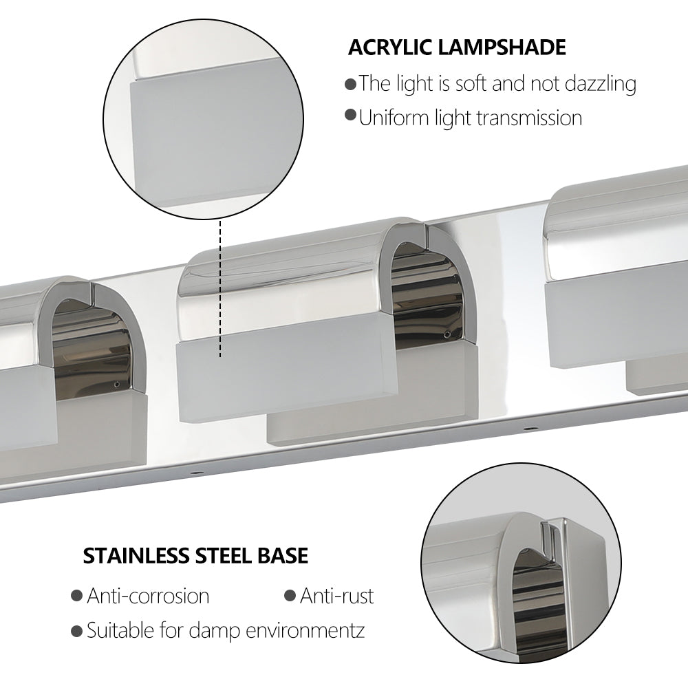 LED Bathroom Vanity Light | 3/4/5/6-Light Chrome Stainless Steel Wall Sconce with Acrylic Shade — Over Mirror, Moisture-Proof