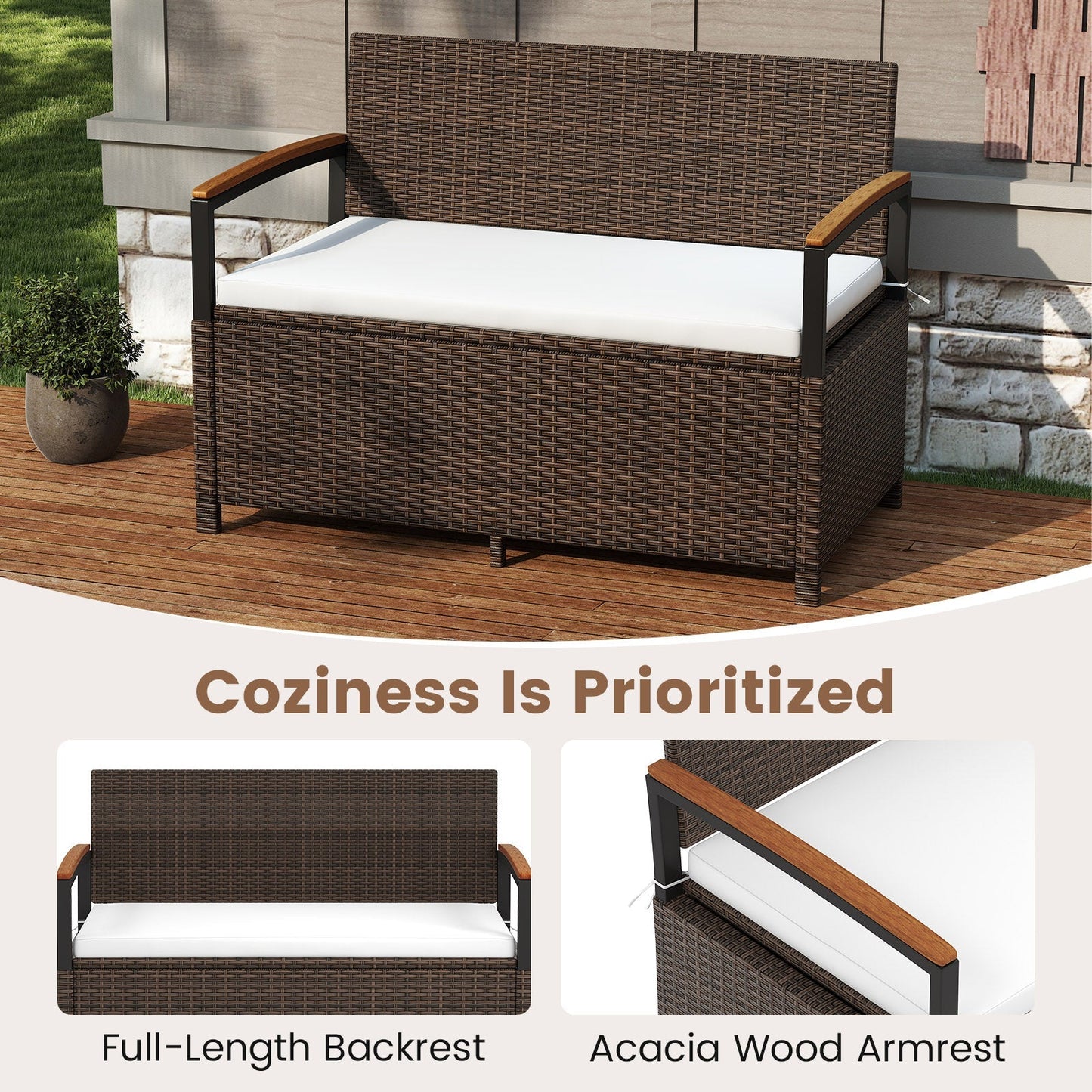 Outdoor Storage Bench Deck Box Patio Furniture with Cushion-White