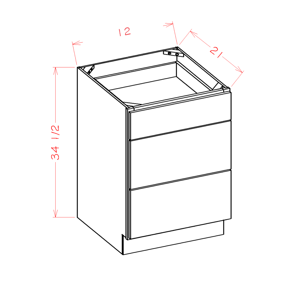 Maple Unfinished 12" Bathroom Vanity 3-Drawer Base Cabinet