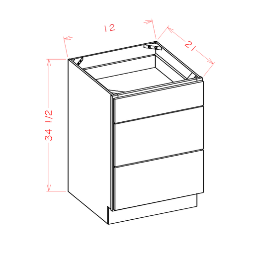 Maple Unfinished 12" Bathroom Vanity 3-Drawer Base Cabinet