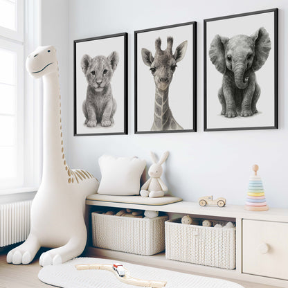 Jungle Nursery Wall Decor – Baby Lion, Elephant & Giraffe (Set of 3)