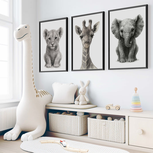 Jungle Nursery Wall Decor – Baby Lion, Elephant & Giraffe (Set of 3)