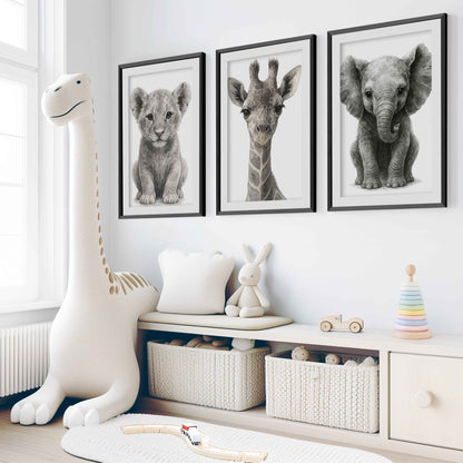 Jungle Nursery Wall Decor – Baby Lion, Elephant & Giraffe (Set of 3)