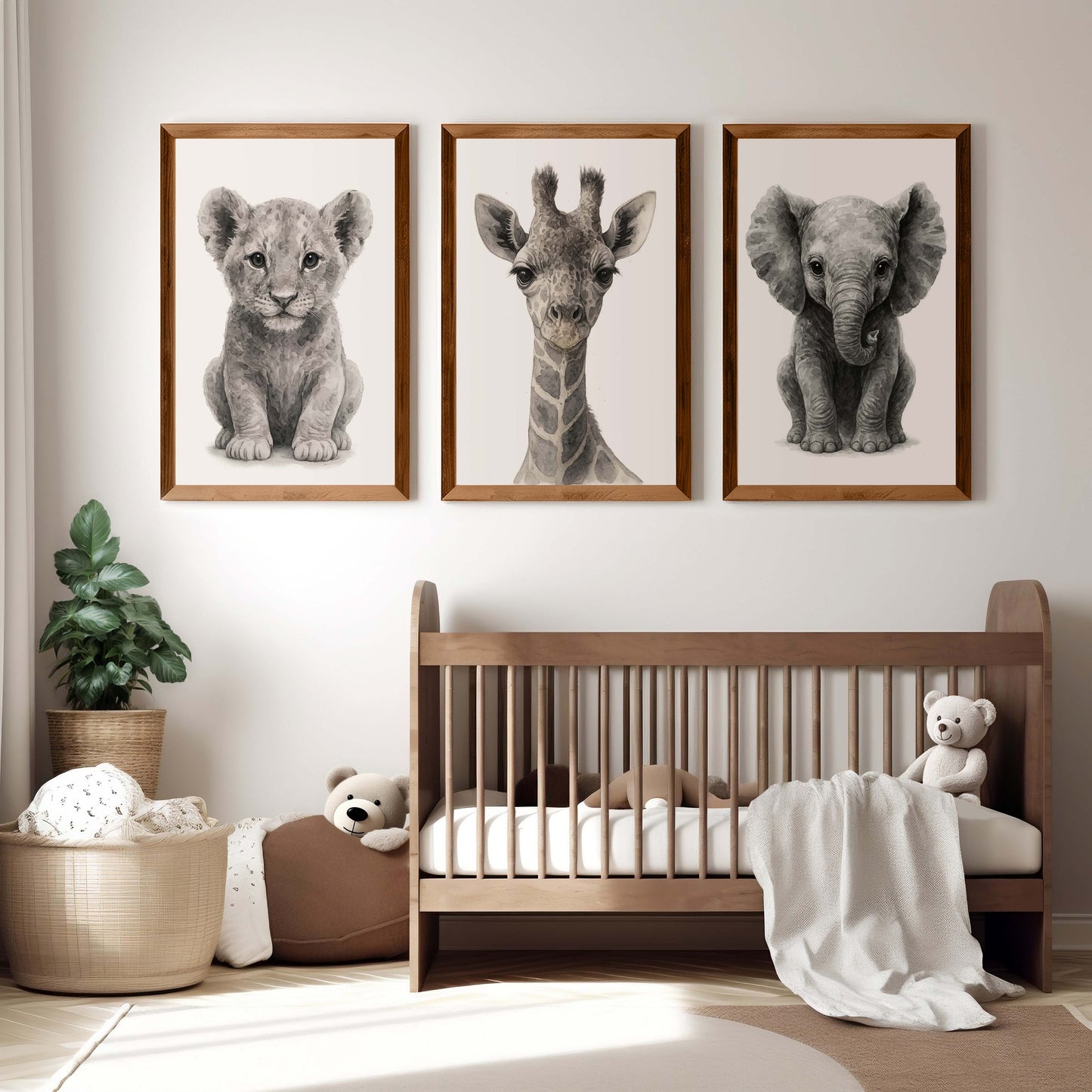 Jungle Nursery Wall Decor – Baby Lion, Elephant & Giraffe (Set of 3)