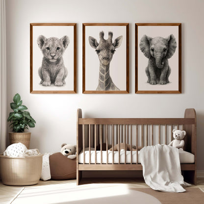Jungle Nursery Wall Decor – Baby Lion, Elephant & Giraffe (Set of 3)