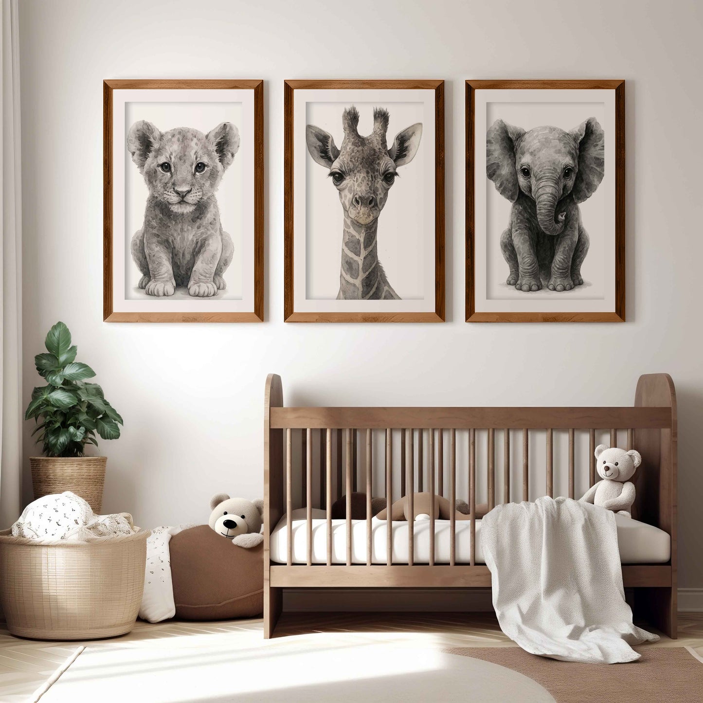 Jungle Nursery Wall Decor – Baby Lion, Elephant & Giraffe (Set of 3)