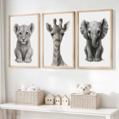 Jungle Nursery Wall Decor – Baby Lion, Elephant & Giraffe (Set of 3)