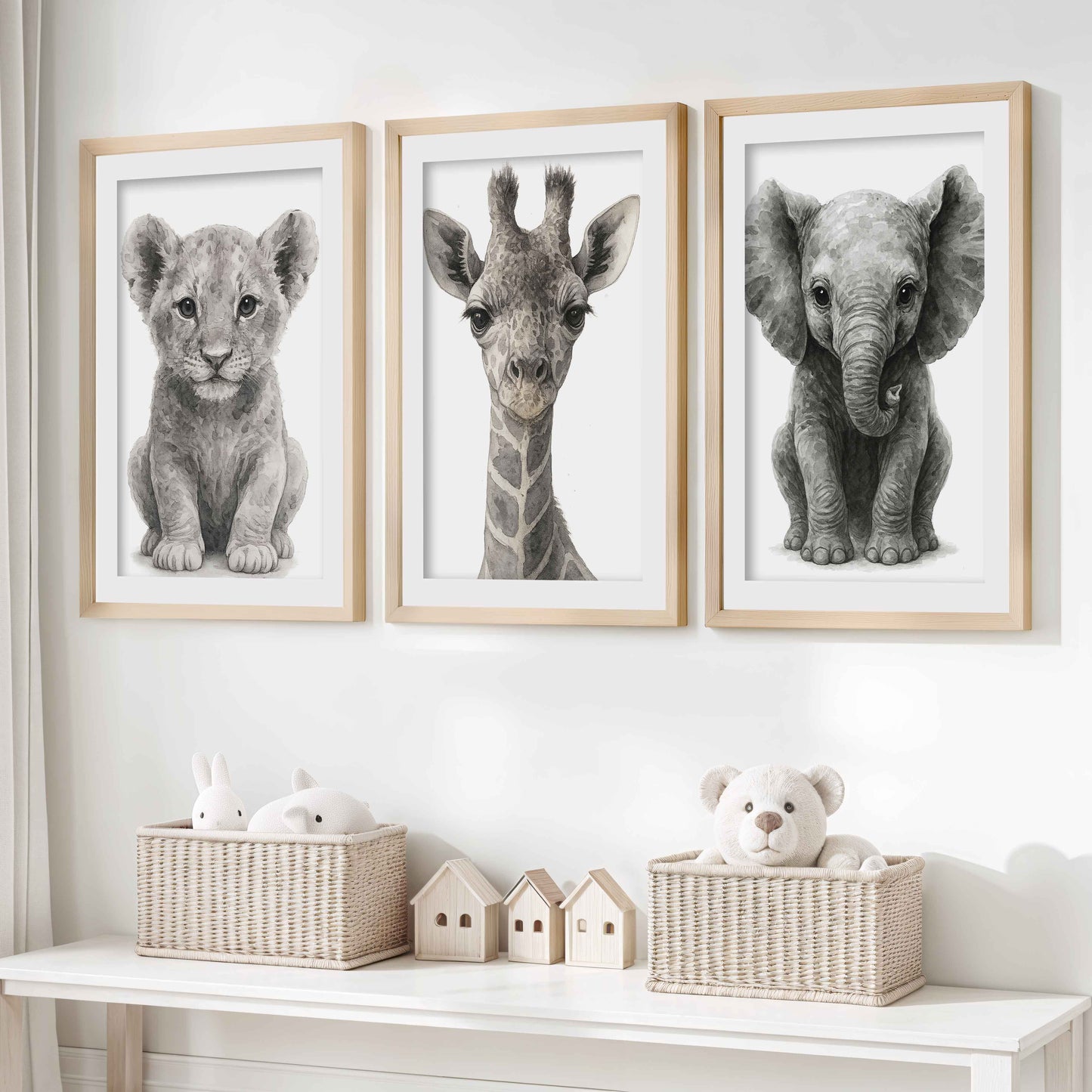 Jungle Nursery Wall Decor – Baby Lion, Elephant & Giraffe (Set of 3)