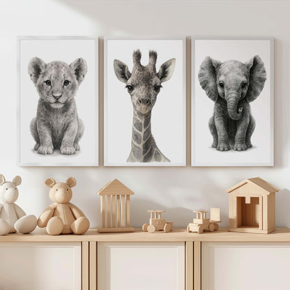 Jungle Nursery Wall Decor – Baby Lion, Elephant & Giraffe (Set of 3)