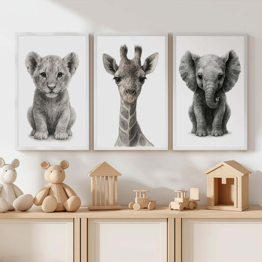 Jungle Nursery Wall Decor – Baby Lion, Elephant & Giraffe (Set of 3)
