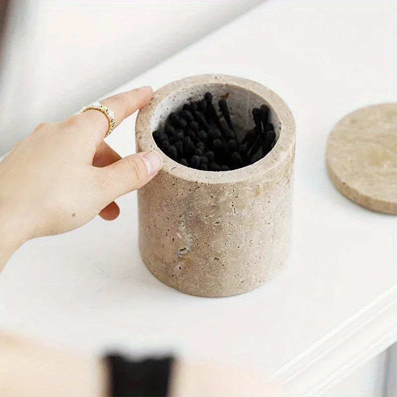 Luxury Marble Organizer Canister - Handcrafted Round Stone Container for Vanity, Office | Gift Set with Lid for Makeup Brushes & Coffee Lovers